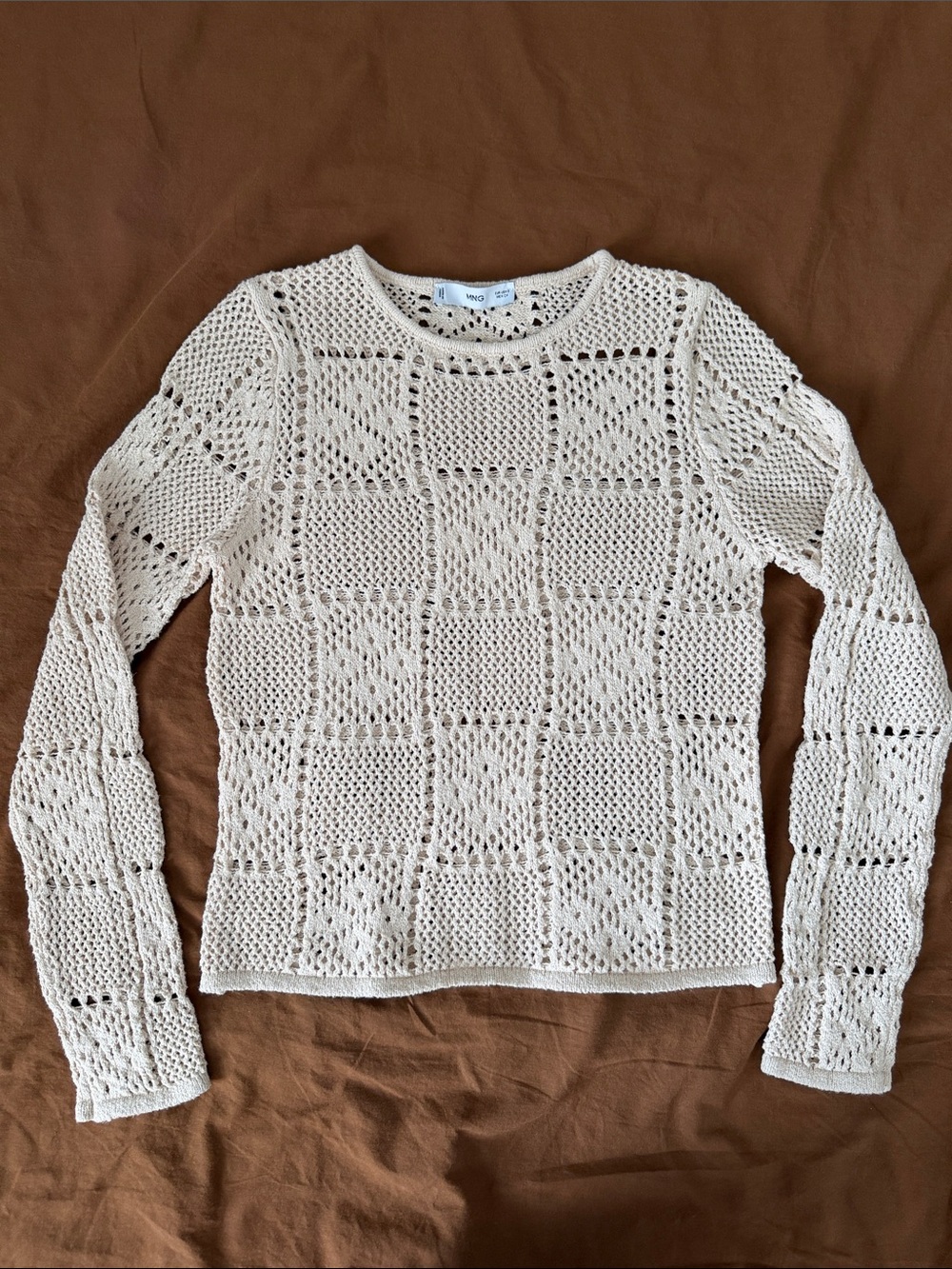 Mango Cream Open-Knit Crewneck Sweater